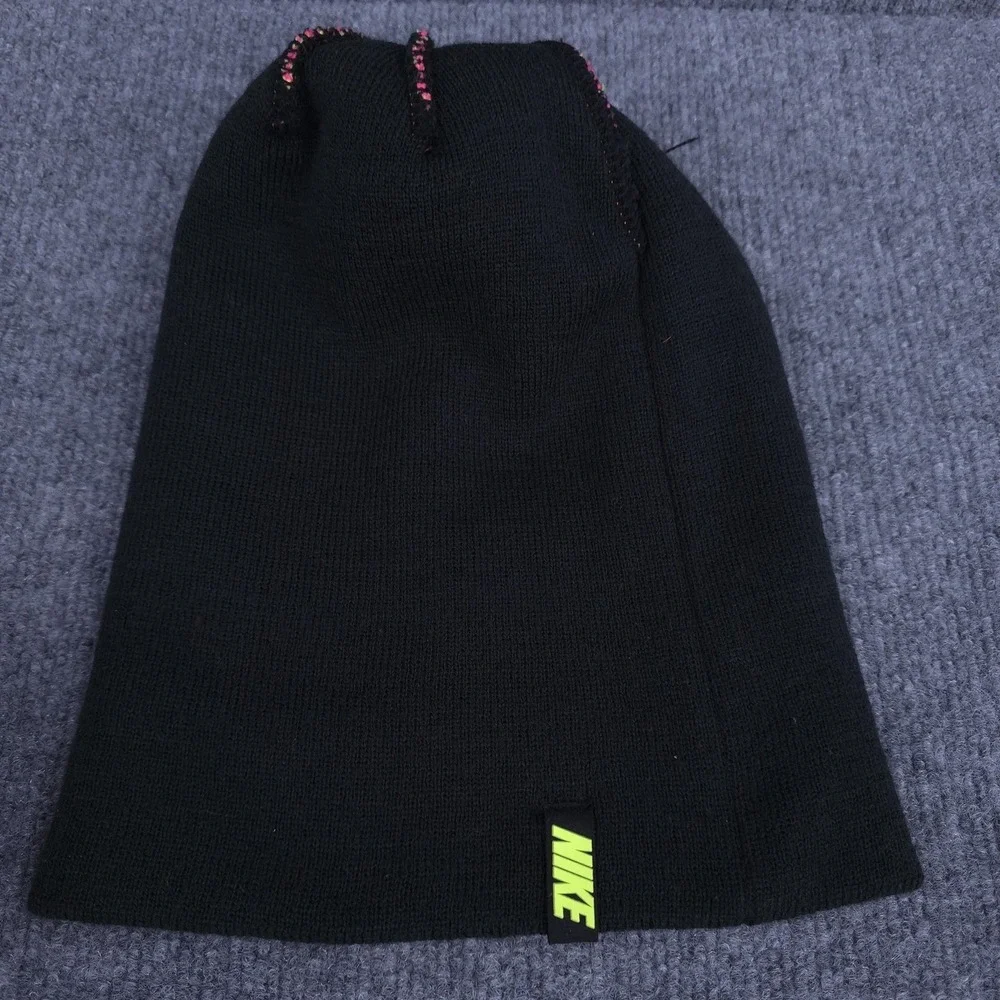 Nike Beanie Hat Girls Pink Black Big Swoosh Knit Pom Cuffed One Size Winter Ski‎